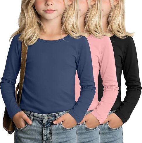 LessonZoo 3 Pack Girls' Long Sleeve Shirts Kids Soft Crew Neck T-Shirts Toddler Basic Loose Fit Layering Casual Tops 2T-14Y in Saudi Arabia