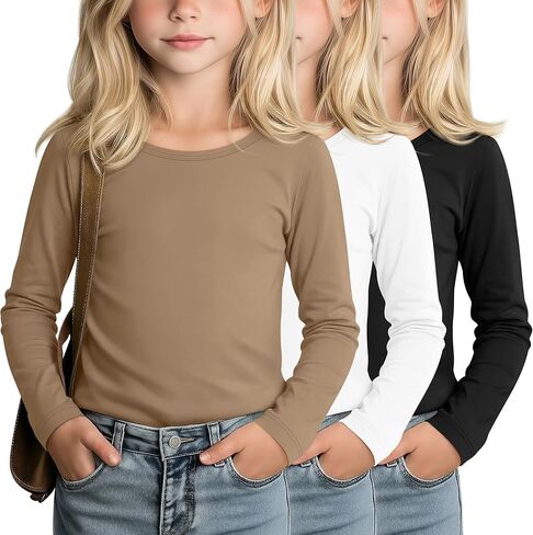 LessonZoo 3 Pack Girls' Long Sleeve Shirts Kids Soft Crew Neck T-Shirts Toddler Basic Loose Fit Layering Casual Tops 2T-14Y in Saudi Arabia