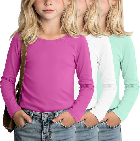 LessonZoo 3 Pack Girls' Long Sleeve Shirts Kids Soft Crew Neck T-Shirts Toddler Basic Loose Fit Layering Casual Tops 2T-14Y in Saudi Arabia