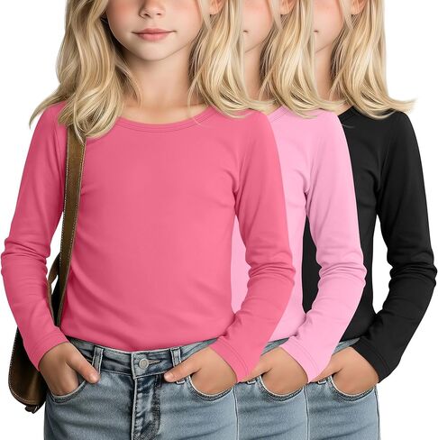 LessonZoo 3 Pack Girls' Long Sleeve Shirts Kids Soft Crew Neck T-Shirts Toddler Basic Loose Fit Layering Casual Tops 2T-14Y in Saudi Arabia