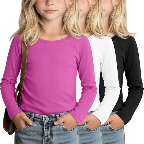 LessonZoo 3 Pack Girls' Long Sleeve Shirts Kids Soft Crew Neck T-Shirts Toddler Basic Loose Fit Layering Casual Tops 2T-14Y in Saudi Arabia