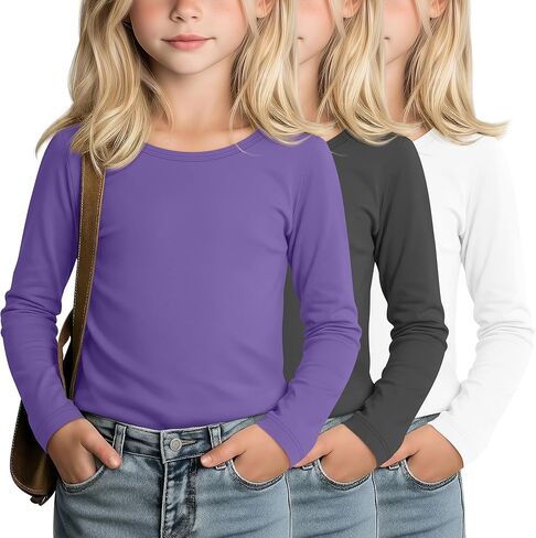 LessonZoo 3 Pack Girls' Long Sleeve Shirts Kids Soft Crew Neck T-Shirts Toddler Basic Loose Fit Layering Casual Tops 2T-14Y in Saudi Arabia