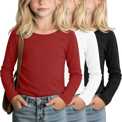 LessonZoo 3 Pack Girls' Long Sleeve Shirts Kids Soft Crew Neck T-Shirts Toddler Basic Loose Fit Layering Casual Tops 2T-14Y in Saudi Arabia