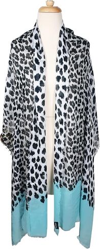 Blue Pacific Animal Print Cashmere Silk Scarf in Aqua Blue and Snow 78 x 22 in Saudi Arabia