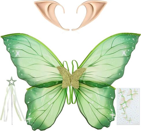 مجموعة أزياء RENEMEGO Fairy Wings - 4 قطع من أزياء Elf Ears وأجنحة الفراشة وعصا النجوم ومكياج الهالوين أزياء Renfaire in Kuwait