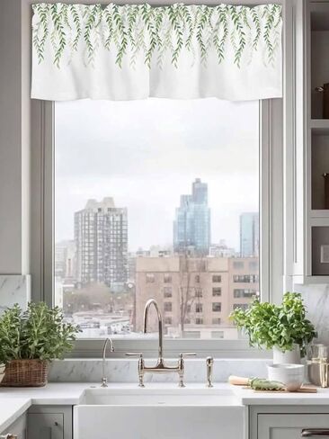 YOKOU Curtain Valance, Watercolor Green Leaf on White Rod Pocket Short Window Curtain for Kitchen Living Room Bedroom Bathroom, 1 Panel, 54" X 18" Fallen Leaves Valances in Saudi Arabia