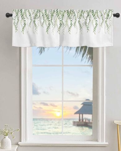 YOKOU Curtain Valance, Watercolor Green Leaf on White Rod Pocket Short Window Curtain for Kitchen Living Room Bedroom Bathroom, 1 Panel, 54" X 18" Fallen Leaves Valances in Saudi Arabia
