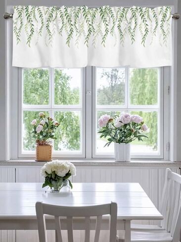 YOKOU Curtain Valance, Watercolor Green Leaf on White Rod Pocket Short Window Curtain for Kitchen Living Room Bedroom Bathroom, 1 Panel, 54" X 18" Fallen Leaves Valances in Saudi Arabia