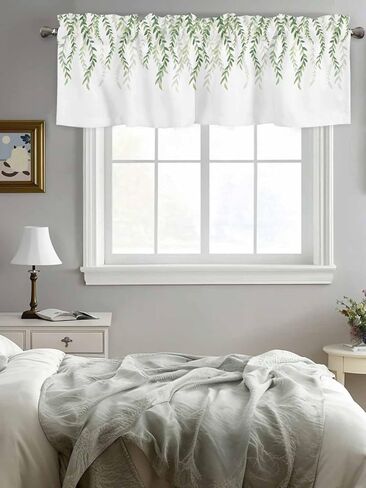 YOKOU Curtain Valance, Watercolor Green Leaf on White Rod Pocket Short Window Curtain for Kitchen Living Room Bedroom Bathroom, 1 Panel, 54" X 18" Fallen Leaves Valances in Saudi Arabia