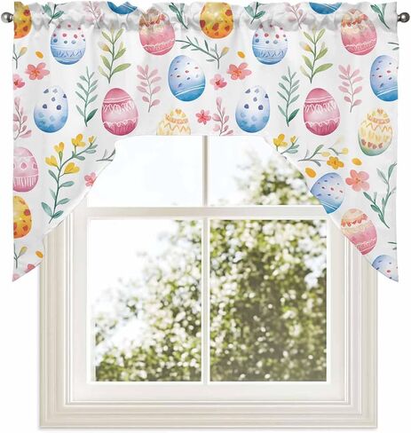 Easter Flower Egg Swag Valance Kitchen Curtains 56" x 36", Pink Blue Spring Botanical Plant Leaf Valance Curtain Rod Pocket Panels for Bedroom Living Room Bathroom Cafe Windows, 56"x36" in Saudi Arabia