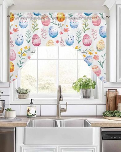 Easter Flower Egg Swag Valance Kitchen Curtains 56" x 36", Pink Blue Spring Botanical Plant Leaf Valance Curtain Rod Pocket Panels for Bedroom Living Room Bathroom Cafe Windows, 56"x36" in Saudi Arabia