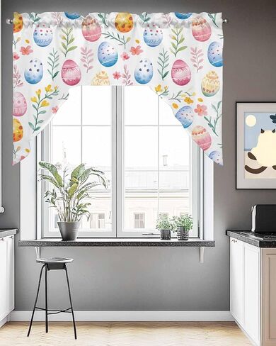 Easter Flower Egg Swag Valance Kitchen Curtains 56" x 36", Pink Blue Spring Botanical Plant Leaf Valance Curtain Rod Pocket Panels for Bedroom Living Room Bathroom Cafe Windows, 56"x36" in Saudi Arabia