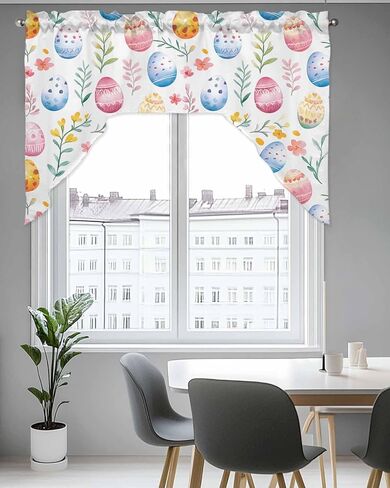 Easter Flower Egg Swag Valance Kitchen Curtains 56" x 36", Pink Blue Spring Botanical Plant Leaf Valance Curtain Rod Pocket Panels for Bedroom Living Room Bathroom Cafe Windows, 56"x36" in Saudi Arabia