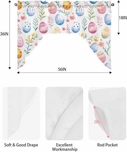 Easter Flower Egg Swag Valance Kitchen Curtains 56" x 36", Pink Blue Spring Botanical Plant Leaf Valance Curtain Rod Pocket Panels for Bedroom Living Room Bathroom Cafe Windows, 56"x36" in Saudi Arabia