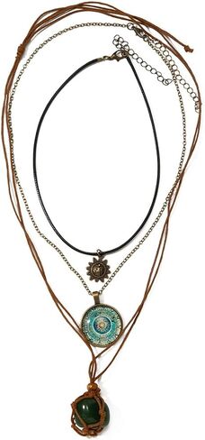 Bohemian Green Natural Crystal Stone Layered Retro Necklace 3 Piece Set for Women Leather Rope Vintage Sun Charm Choker Boho Hippie Glass Round Blue Mandala Pendant Adjustable Chain Western Jewelry in Saudi Arabia
