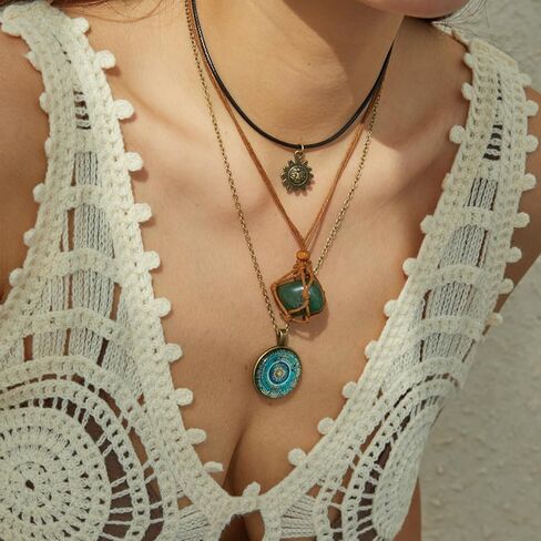 Bohemian Green Natural Crystal Stone Layered Retro Necklace 3 Piece Set for Women Leather Rope Vintage Sun Charm Choker Boho Hippie Glass Round Blue Mandala Pendant Adjustable Chain Western Jewelry in Saudi Arabia