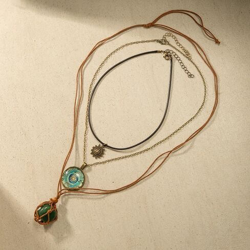 Bohemian Green Natural Crystal Stone Layered Retro Necklace 3 Piece Set for Women Leather Rope Vintage Sun Charm Choker Boho Hippie Glass Round Blue Mandala Pendant Adjustable Chain Western Jewelry in Saudi Arabia