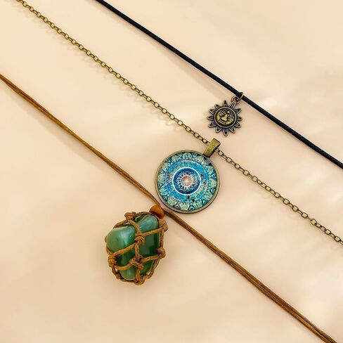 Bohemian Green Natural Crystal Stone Layered Retro Necklace 3 Piece Set for Women Leather Rope Vintage Sun Charm Choker Boho Hippie Glass Round Blue Mandala Pendant Adjustable Chain Western Jewelry in Saudi Arabia