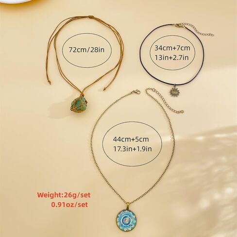 Bohemian Green Natural Crystal Stone Layered Retro Necklace 3 Piece Set for Women Leather Rope Vintage Sun Charm Choker Boho Hippie Glass Round Blue Mandala Pendant Adjustable Chain Western Jewelry in Saudi Arabia
