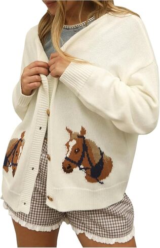 SHENHE Women's Novelty Horse Intarsia Long Sleeve Knit Button up Cardigan Sweater in Saudi Arabia