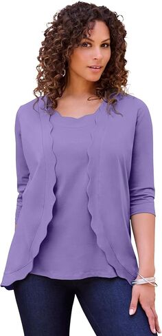 Roaman's Women's Plus Size Scalloped Cardigan and Tank Set in Kuwait