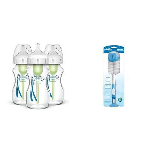 Dr. Brown's Natural Flow Anti-Colic Options+ Wide-Neck Glass Baby Bottles 9 oz/270 mL & Reusable Sponge Baby Bottle Cleaning Brush with Suction Cup Stand, Scrubber and Nipple Cleaner, Blue 1-Pack in Saudi Arabia