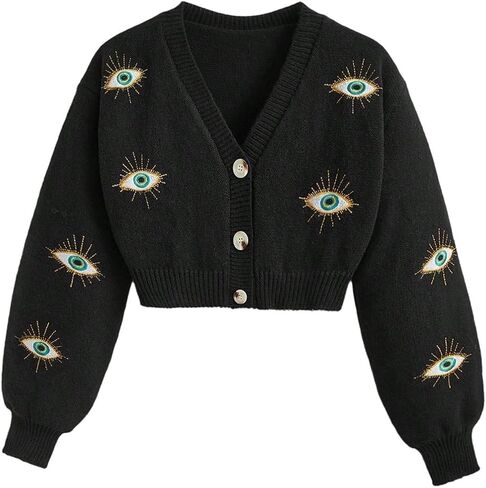 BEAUDRM Women's Plus Size Gothic Cardigan Eye Embroidered Crop Cardigan Sweater Button Down Knit Top Outerwear in Saudi Arabia