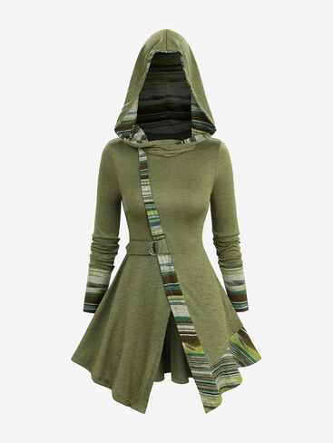 بلوزة نسائية كاجوال بغطاء للرأس من DRESSFO - قميص مخطط مرقع غير متماثل بأكمام طويلة مع تفاصيل إبزيم in Kuwait