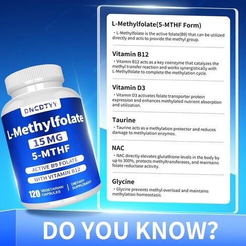 DNCDTYY L Methylfolate 15mg Plus Methyl B12, D3, 5-MTHF (Bioactive B9), Glycine & Taurine & NAC l-methylfolate Made in USA, Third Party Tested, Gluten Free, Non-GMO, Vegan, 120 Capsules in Saudi Arabia