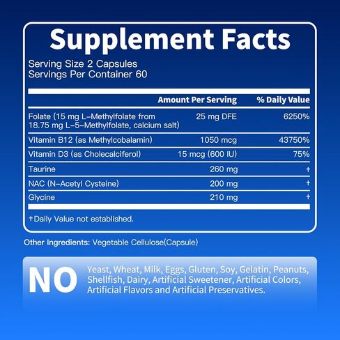 DNCDTYY L Methylfolate 15mg Plus Methyl B12, D3, 5-MTHF (Bioactive B9), Glycine & Taurine & NAC l-methylfolate Made in USA, Third Party Tested, Gluten Free, Non-GMO, Vegan, 120 Capsules in Saudi Arabia