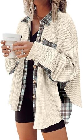 Melliflo Waffle Knit Plaid Shacket for Women,Boyfriend Loose Shirt Jacket with Pockets, Button Down Long Sleeve Tops in Saudi Arabia