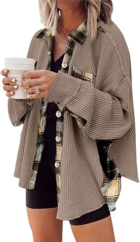 Melliflo Waffle Knit Plaid Shacket for Women,Boyfriend Loose Shirt Jacket with Pockets, Button Down Long Sleeve Tops in Saudi Arabia