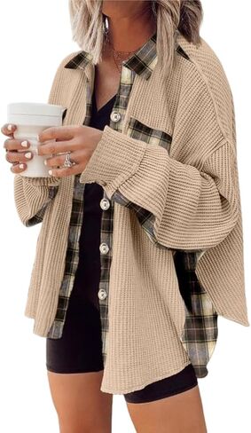 Melliflo Waffle Knit Plaid Shacket for Women,Boyfriend Loose Shirt Jacket with Pockets, Button Down Long Sleeve Tops in Saudi Arabia