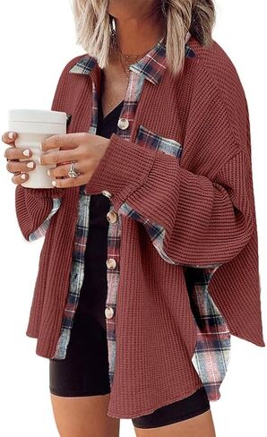 Melliflo Waffle Knit Plaid Shacket for Women,Boyfriend Loose Shirt Jacket with Pockets, Button Down Long Sleeve Tops in Saudi Arabia