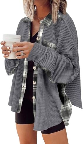 Melliflo Waffle Knit Plaid Shacket for Women,Boyfriend Loose Shirt Jacket with Pockets, Button Down Long Sleeve Tops in Saudi Arabia