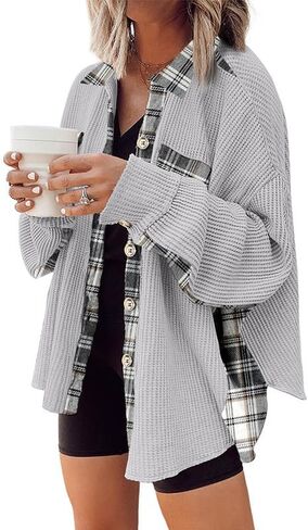 Melliflo Waffle Knit Plaid Shacket for Women,Boyfriend Loose Shirt Jacket with Pockets, Button Down Long Sleeve Tops in Saudi Arabia