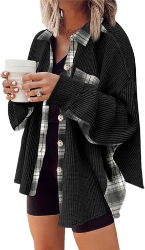 Melliflo Waffle Knit Plaid Shacket for Women,Boyfriend Loose Shirt Jacket with Pockets, Button Down Long Sleeve Tops in Saudi Arabia