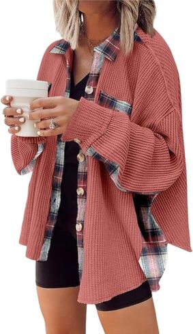 Melliflo Waffle Knit Plaid Shacket for Women,Boyfriend Loose Shirt Jacket with Pockets, Button Down Long Sleeve Tops in Saudi Arabia