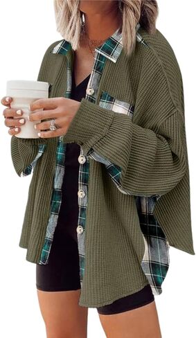 Melliflo Waffle Knit Plaid Shacket for Women,Boyfriend Loose Shirt Jacket with Pockets, Button Down Long Sleeve Tops in Saudi Arabia