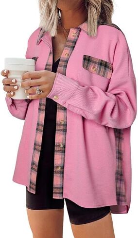 Melliflo Waffle Knit Plaid Shacket for Women,Boyfriend Loose Shirt Jacket with Pockets, Button Down Long Sleeve Tops in Saudi Arabia