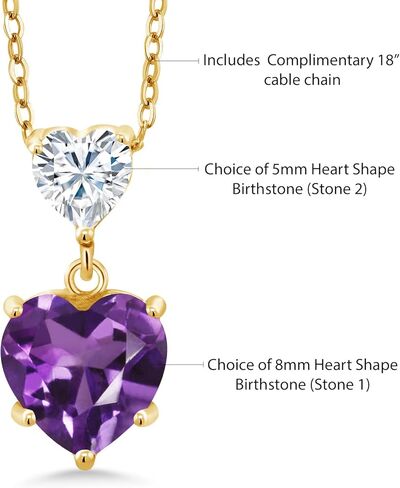 قلادة من الفضة المطلية بالذهب الأصفر عيار 18 قيراط من Gem Stone King جوهرة الميلاد على شكل قلب مزدوج قم ببناء قلادة قلادة مخصصة وشخصية مع سلسلة فضية مقاس 18 بوصة in Saudi Arabia