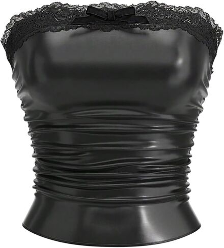 OYOANGLE Women's PU Leather Strapless Bandeau Top Lace Trim Ruched Sleeveless Going Out Crop Tube Tops in Saudi Arabia