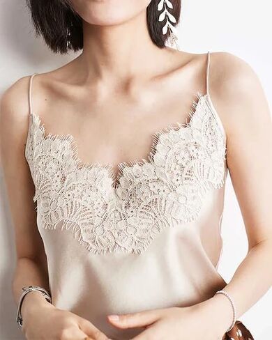 DAISYSILK Women's Lace Trim Silk Camisole Top - 19 Momme Charmeuse V-Neck Cami with Lace Overlay, Lightweight Elegant Blouse in Saudi Arabia