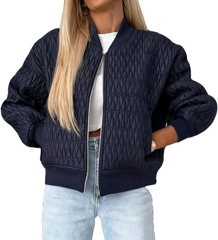utcoco Women's Quilted Bomber Jacket Fall Winter Casual Zip Up Long Sleeve Cropped Outerwear with Pockets in Saudi Arabia
