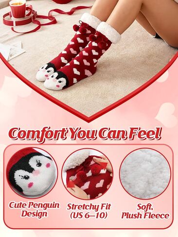 جوارب Cosweet Cute Penguin Valentine للنساء - زوجان من الجوارب السميكة الرقيقة مع مقابض، هدايا للزوجة والصديقة in Kuwait