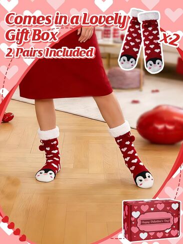 جوارب Cosweet Cute Penguin Valentine للنساء - زوجان من الجوارب السميكة الرقيقة مع مقابض، هدايا للزوجة والصديقة in Kuwait