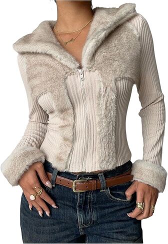 WDIRARA Women's Faux Fur Collar Zip Up Jacket Y2k Fuzzy Rib Knit Outerwear in Saudi Arabia