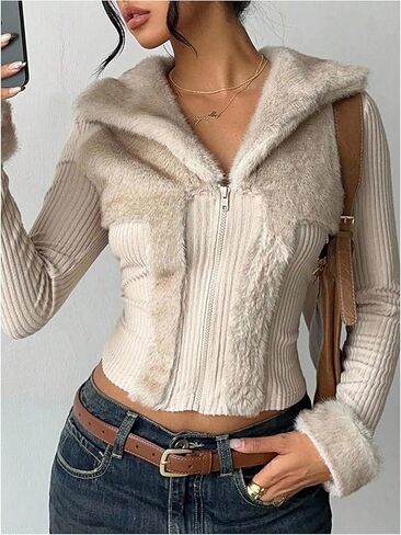 WDIRARA Women's Faux Fur Collar Zip Up Jacket Y2k Fuzzy Rib Knit Outerwear in Saudi Arabia