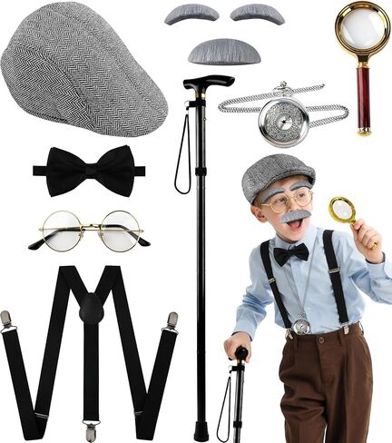 EVAFESNS 1920s Old Gentleman Costume Set–School 100 Days Accessories Beret, Bow Tie, Suspenders, Glasses, Cane, Beard & Watch in Saudi Arabia