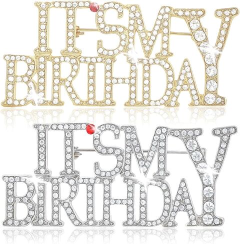 Birthday Pins for Women, 2Pcs It's My Birthday Rhinestone Brooches, Rhinestones Happy-Birthday Brooch for Women Zinc Alloy Happy-Birthday Pin for Wedding Parties, Women's Gifts(Silver & Gold) in Saudi Arabia